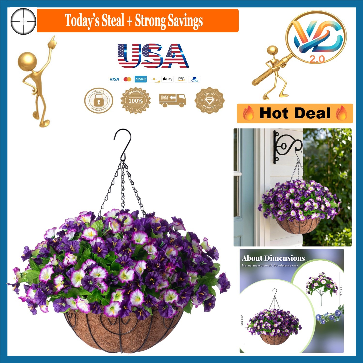 Artificial Hanging Flowers 12 Inch Basket Petunias Morning Glories Porch Deco…