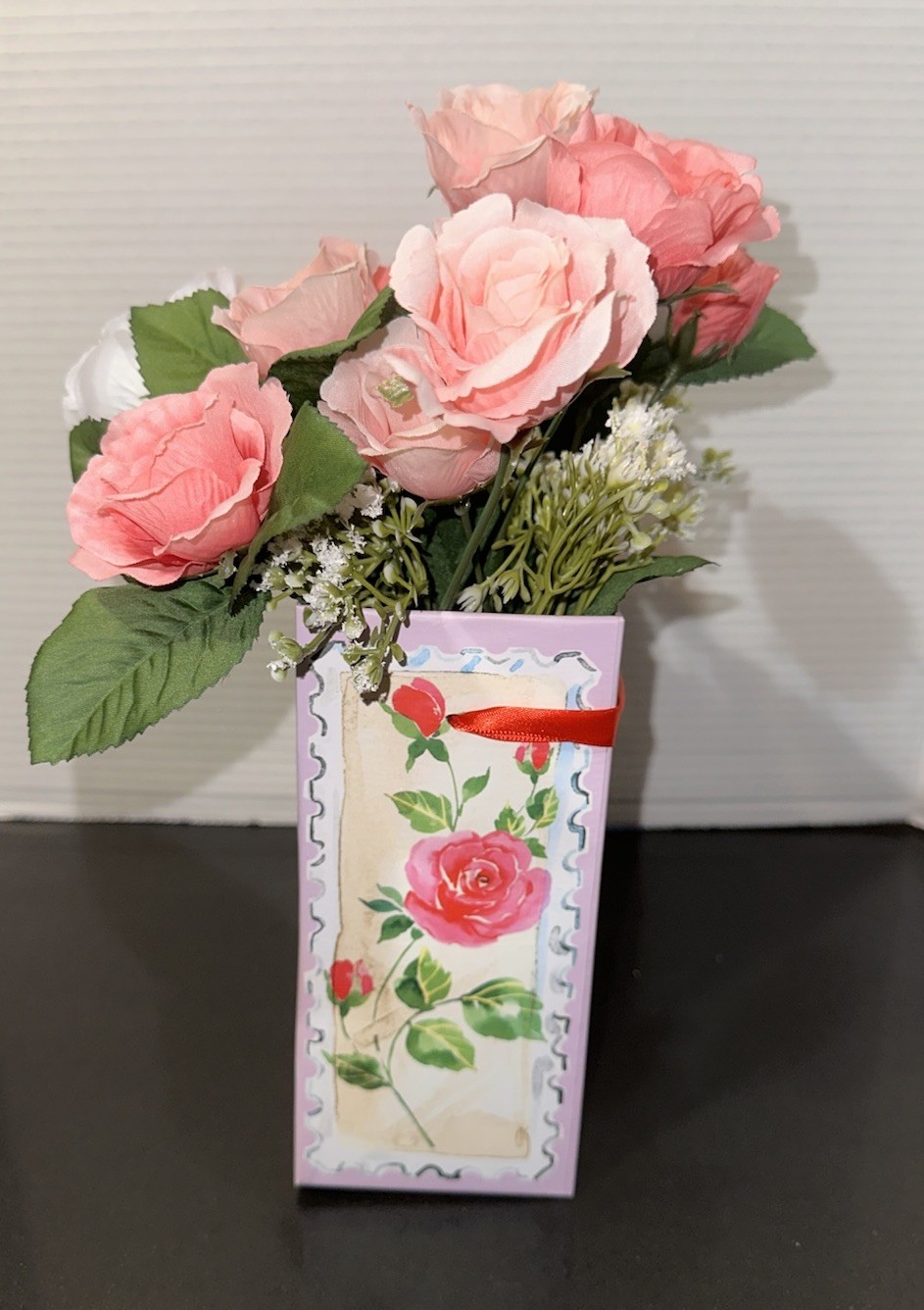 Valentine’s Day Floral Arrangement Pink & White Roses w/Baby’s Breath 12.5” x 10
