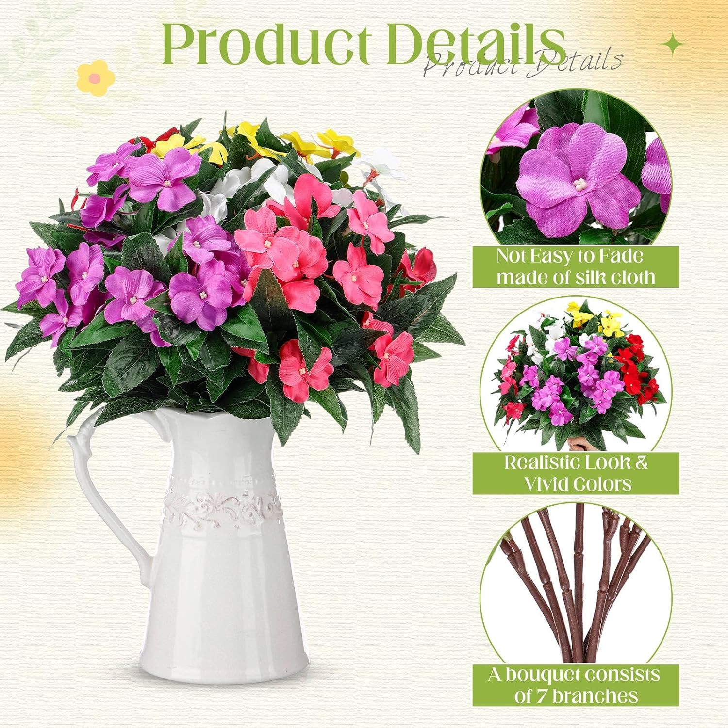 10 Bundles of Colorful Silk Impatiens Flowers for Indoor & Outdoor Decor