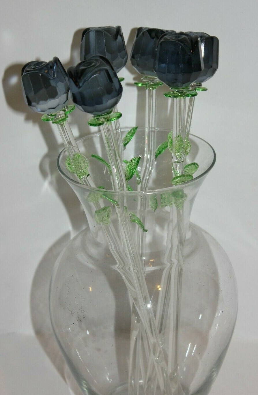Bouquet of 6 x 12″ Black Glass Roses with Green Leaves, Halloween House decor!