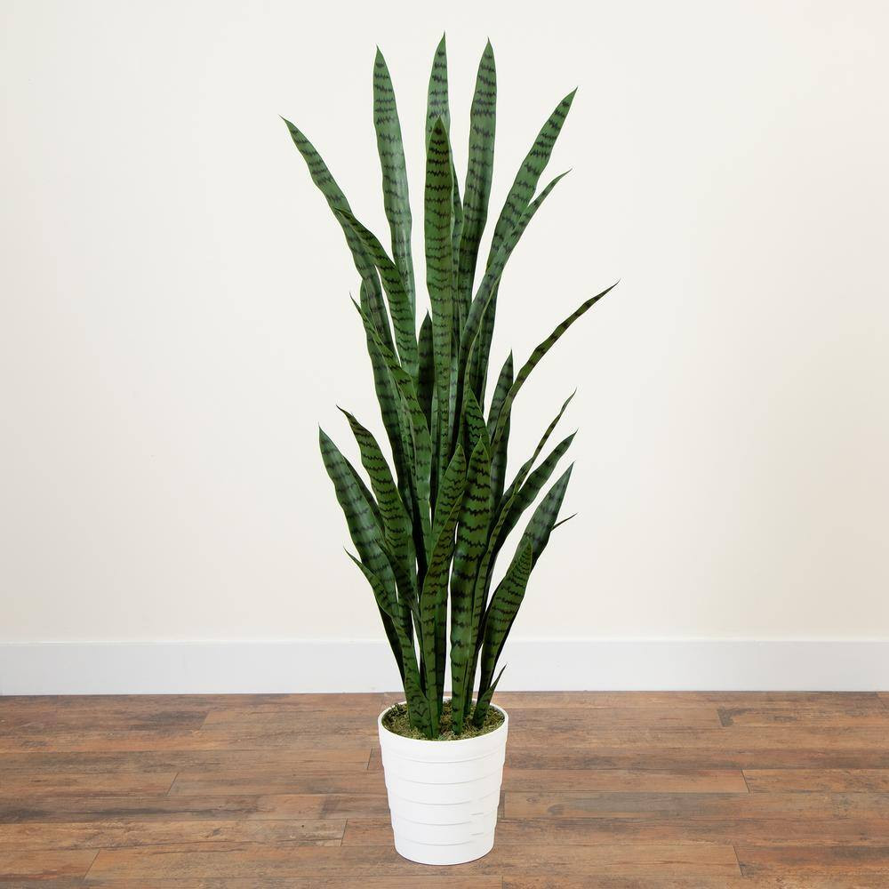 5 Ft. UV Resistant Artificial Sansevieria Plant in White Decorative Planter (Ind