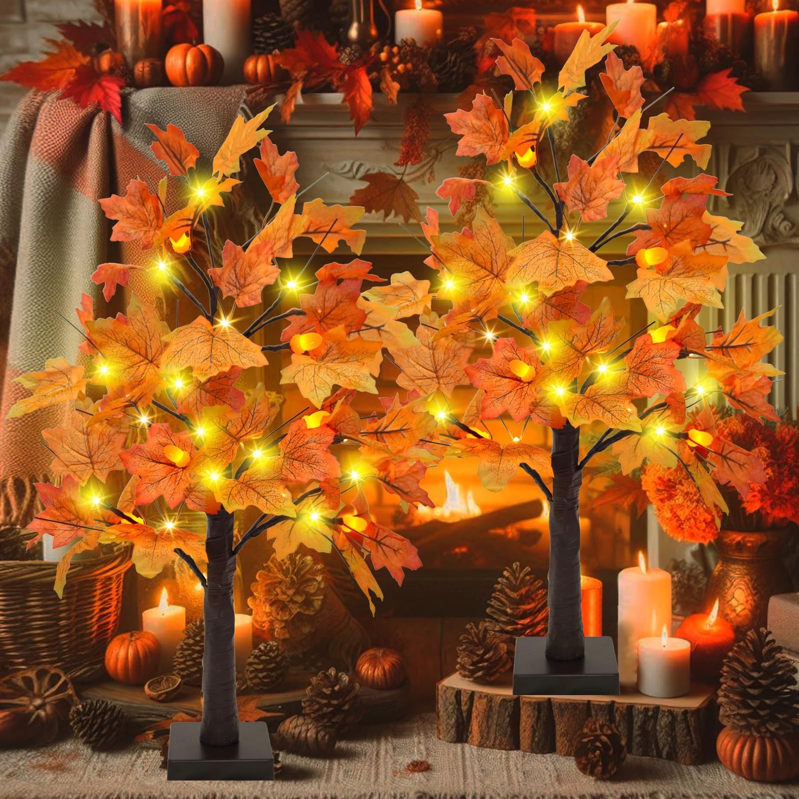 2 PCS 24 Lighted Artificial Fall Maple Tree 48 LED Pine Cones Timer