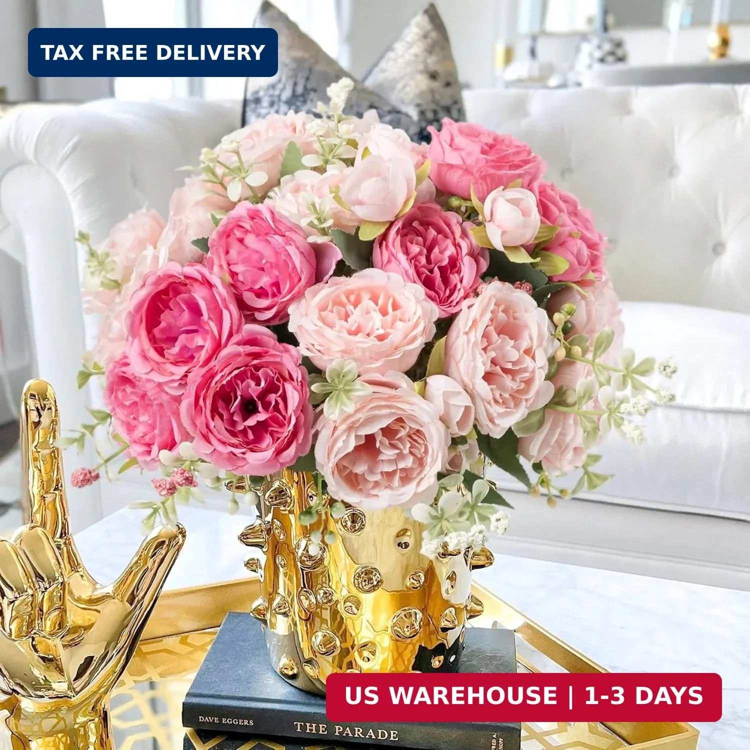 Artificial Peonies Silk Flowers, Pink Faux Peony Bouquet 4 Bundles Florals Arran