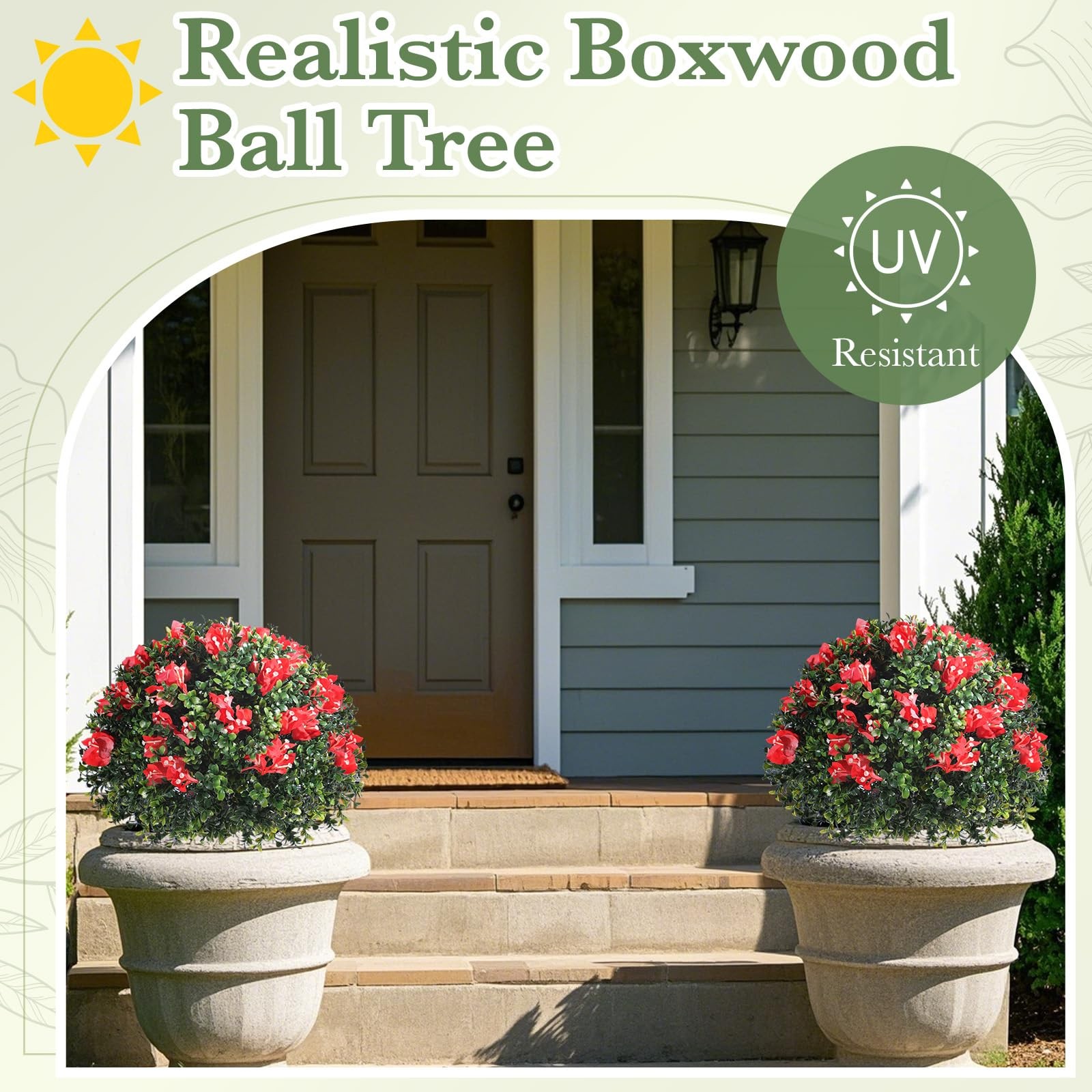 6 Pack 18″ Artificial Boxwood Topiary Balls with Bougainvillea Flowers with S…