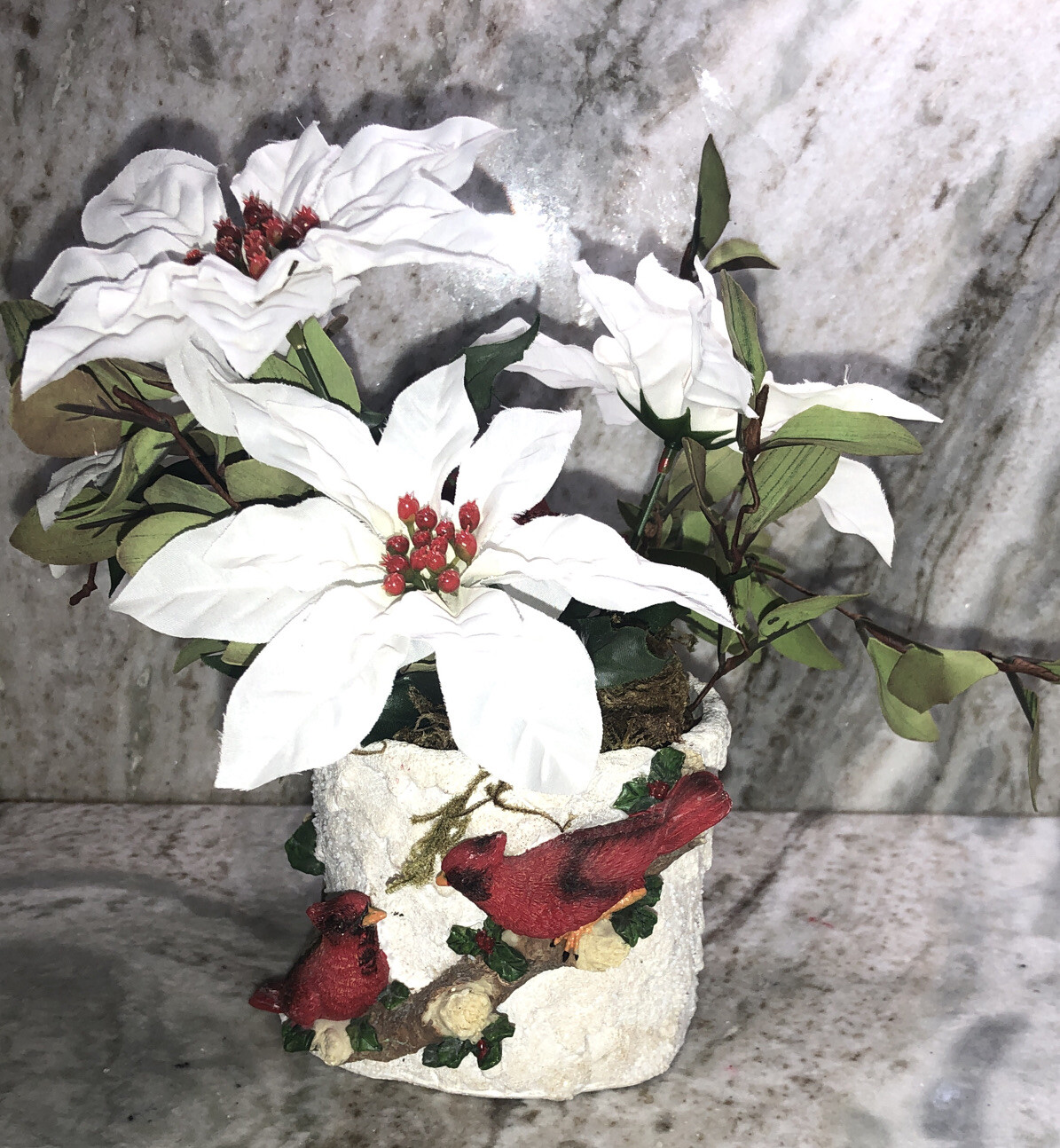 Christmas Cardinal Flower Pot Filled With 9”H x 10”W Artificial Flowers-NEW