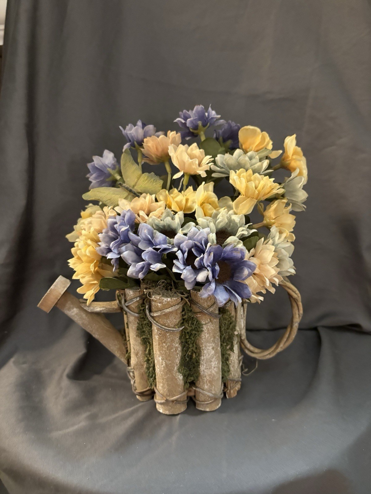 10 X 10” New Handmade Floral Arrangement In Wooden Watering Pot SKU HW6