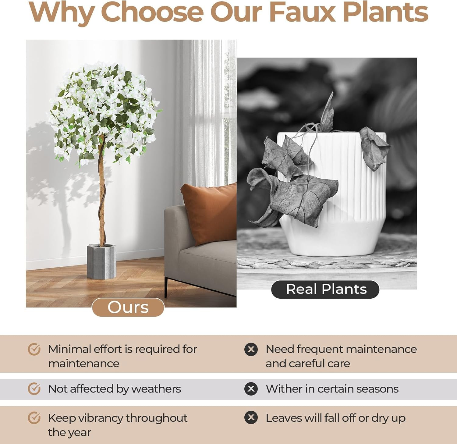 53″ White Artificial Bougainvillea Tree – Faux Silk Plant for Home & Garden Deco