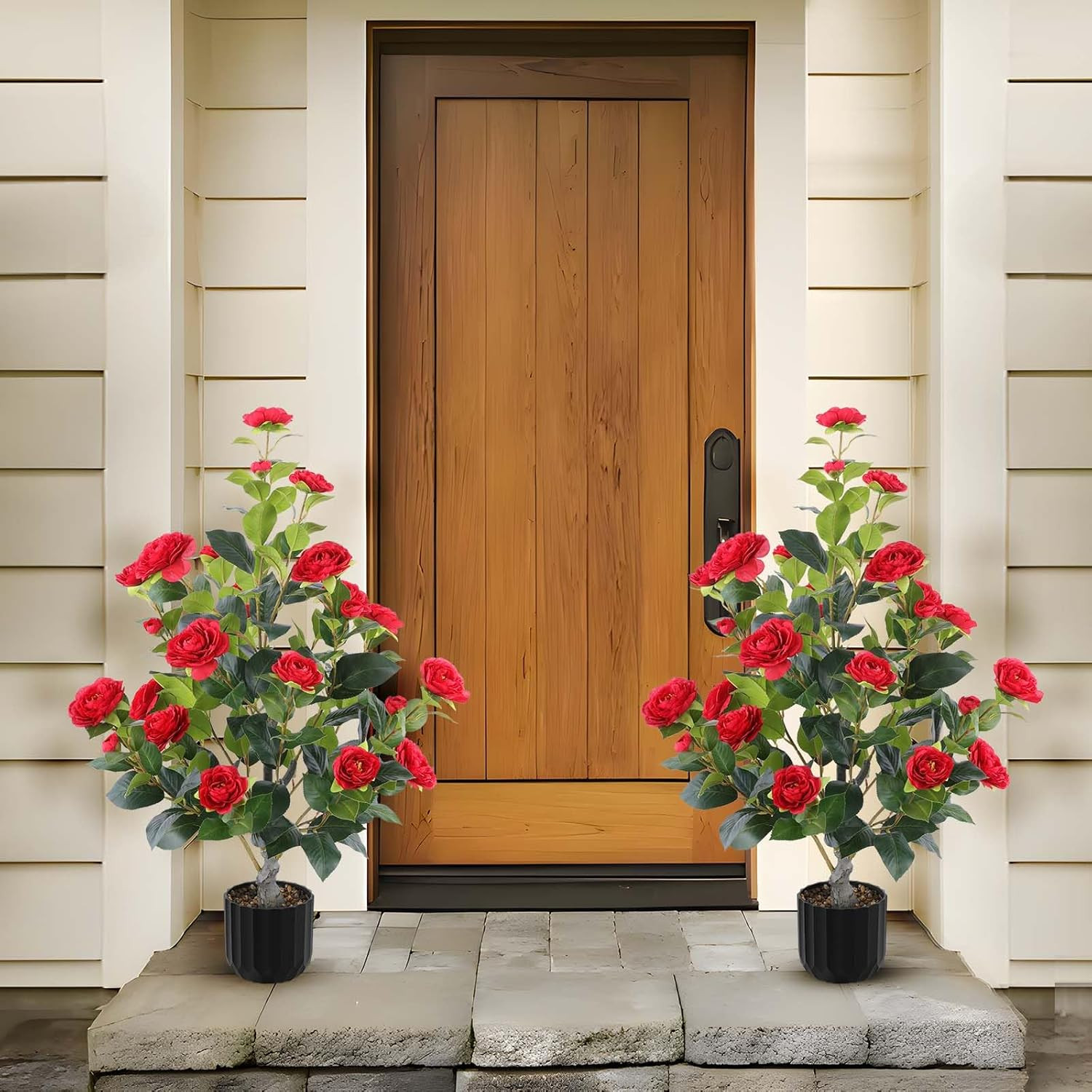 Faux Camellia Trees – 2 Pcs Red Indoor/Outdoor Decor in Pots