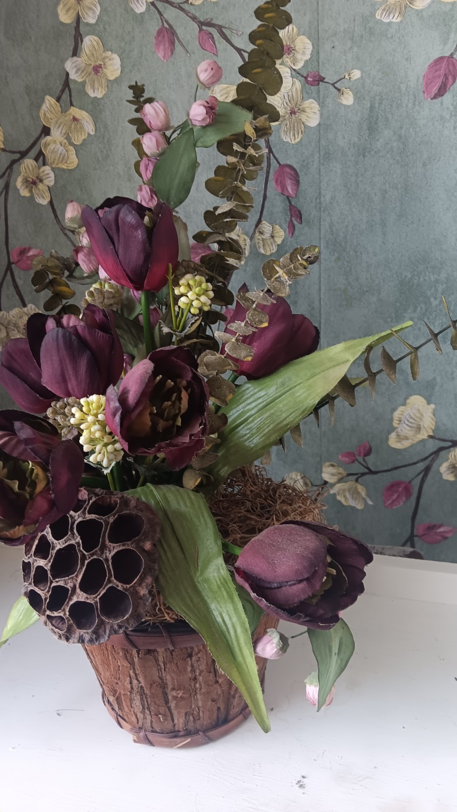 Artificial Purple Tulip & Lotus Pod Arrangement Centerpiece in Flower Pot