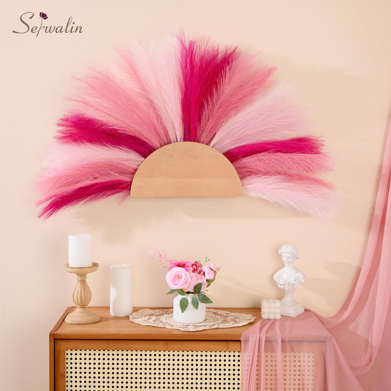 60Pcs Hot Pink & Blush & Pink Pampas Grass Decor, 17.7” Faux Pampas Grass, A…