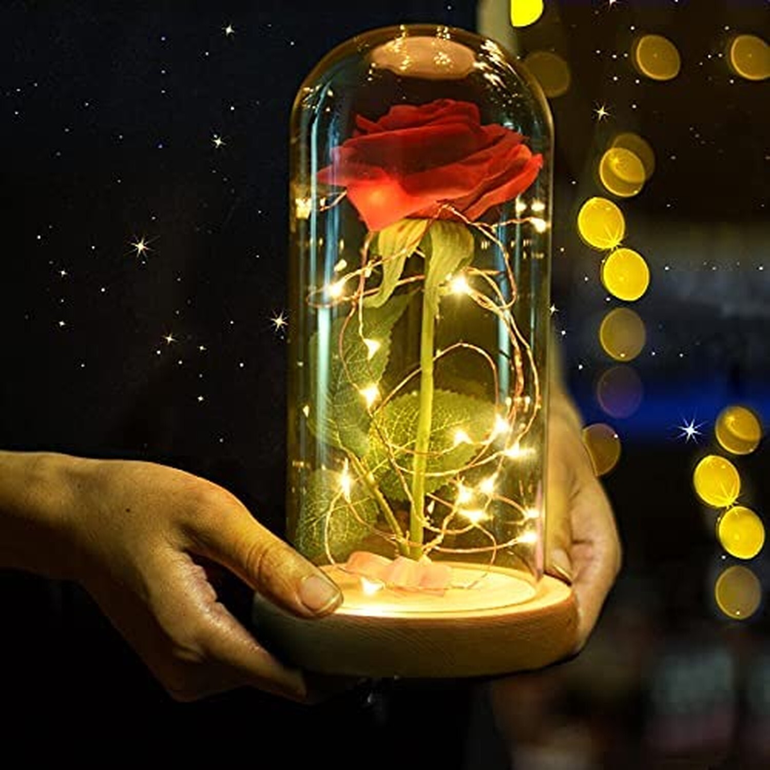 SW Preserved Rose Enchanted Rose Red Silk Rose in Glass Dome with LED Lights …