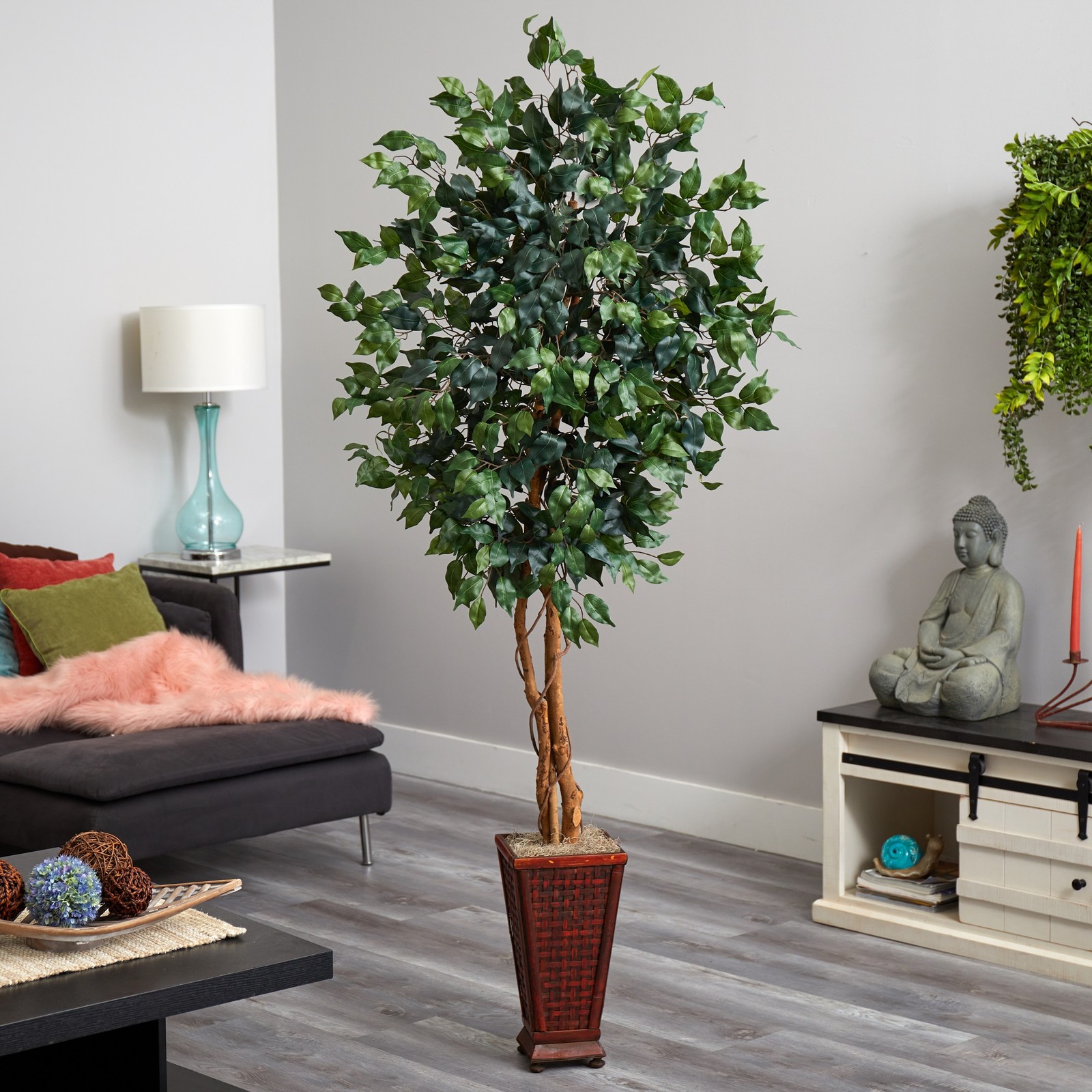 Nearly Natural 6.5ft Ficus with Decorative Planter in Green