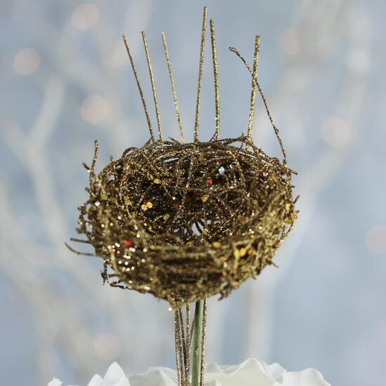 Bulk Package of 12 Gold Glitter Bird Nest 14-1/2″ Tall Picks