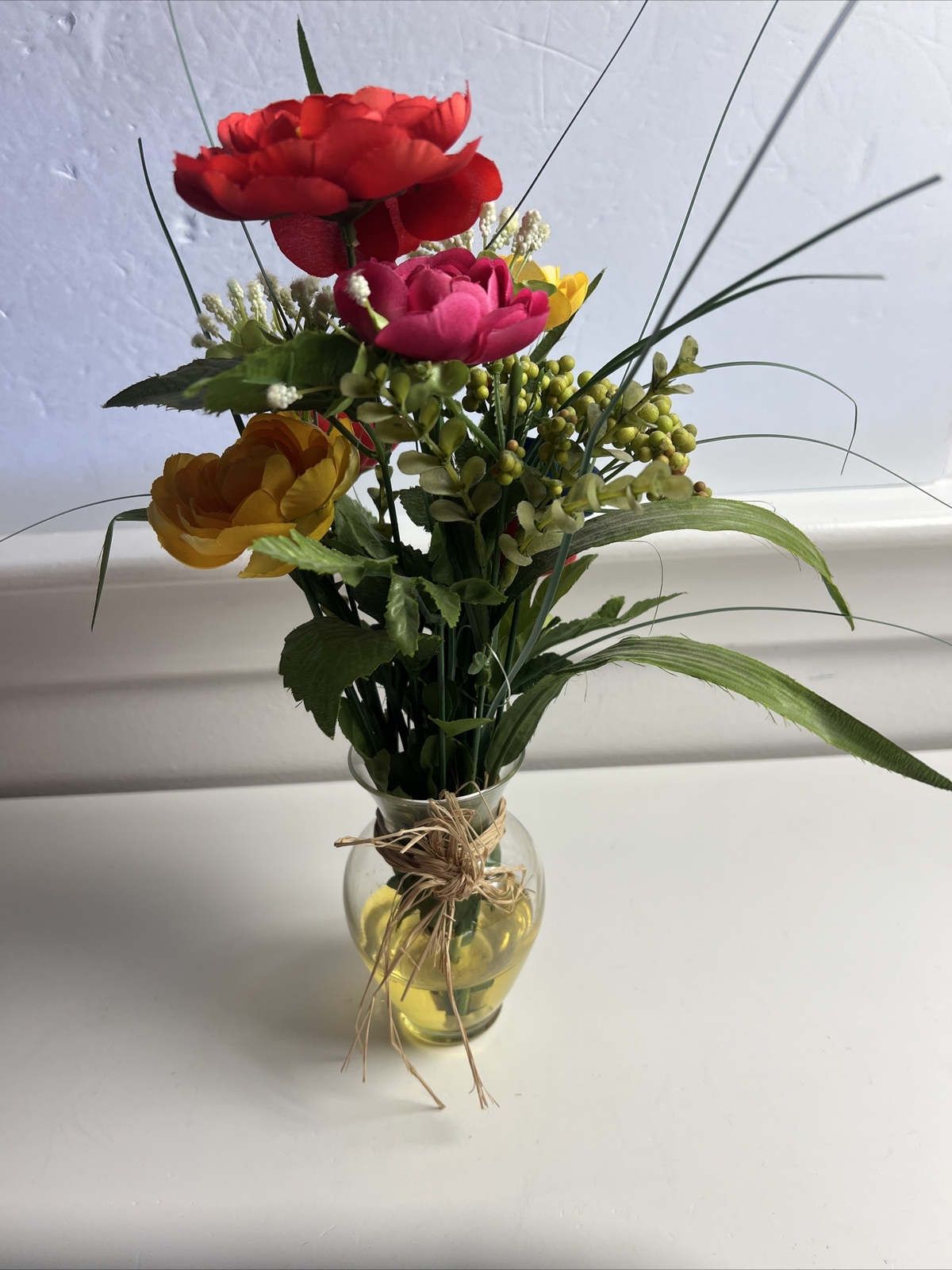 Artificial 13” Tall Flowers in Clear Glass Vase Liquid Illusion