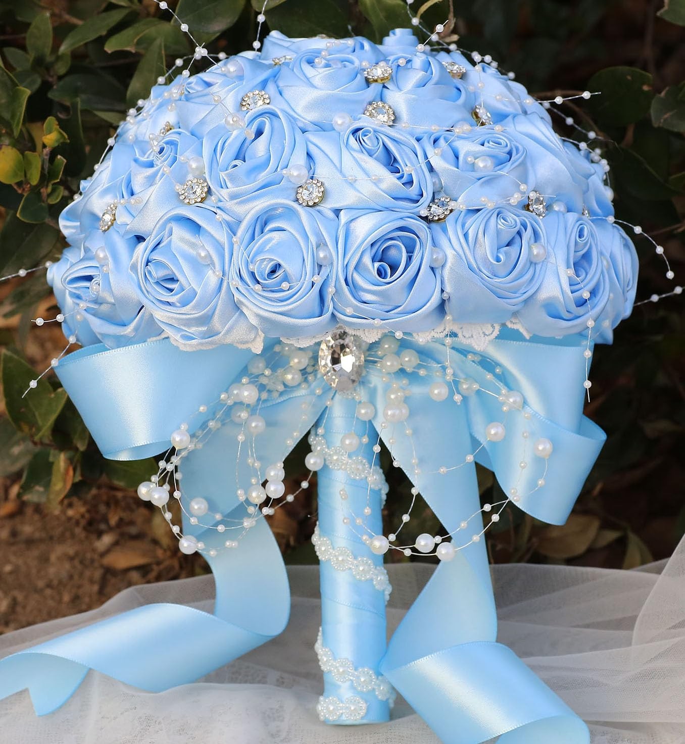 6.3 Inch Light Blue Artificial Rose Bling Bridal Wedding Throw Bouquet