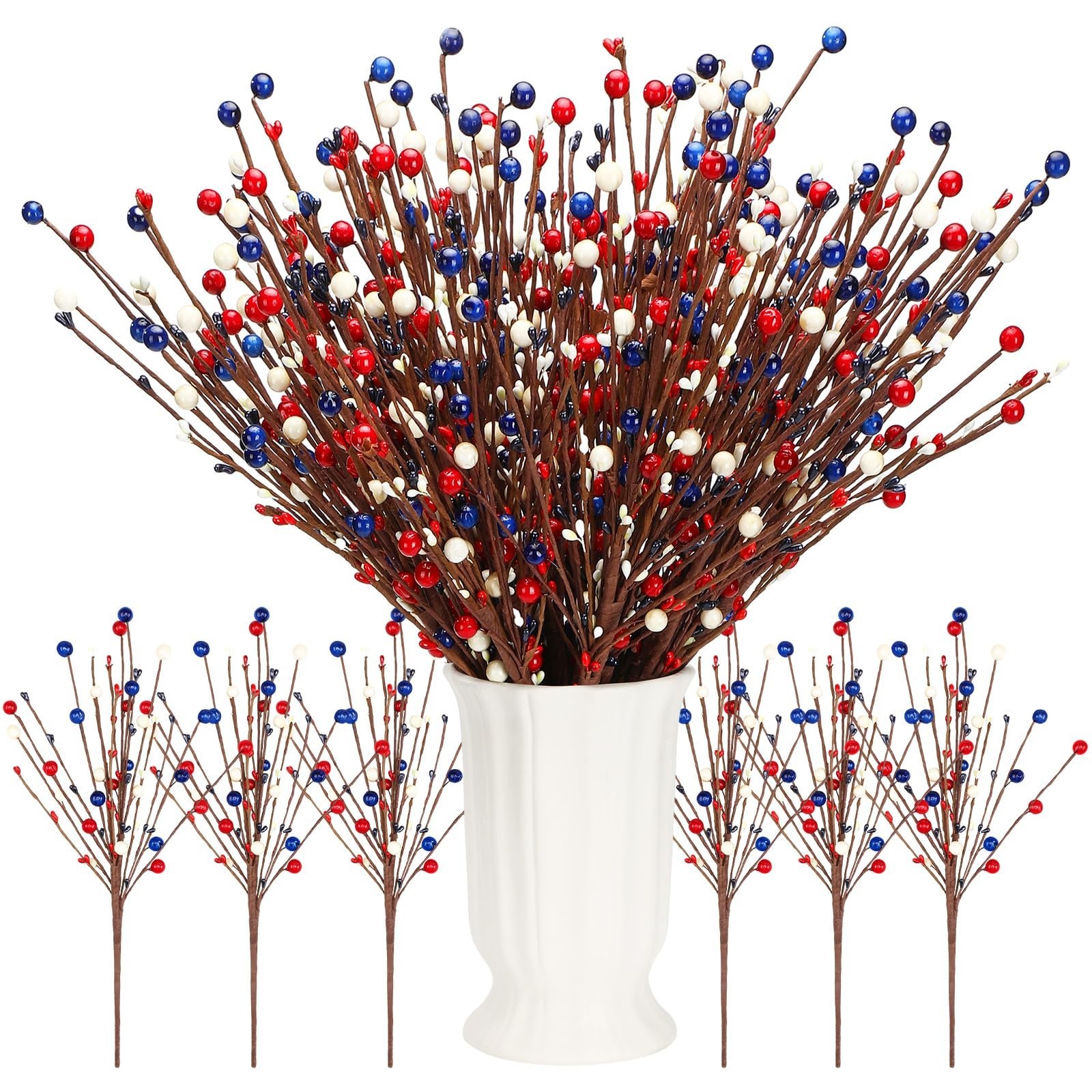 20 Pcs Patriotic Berry Stem Picks – Red White Blue Floral Decor for 4th of July
