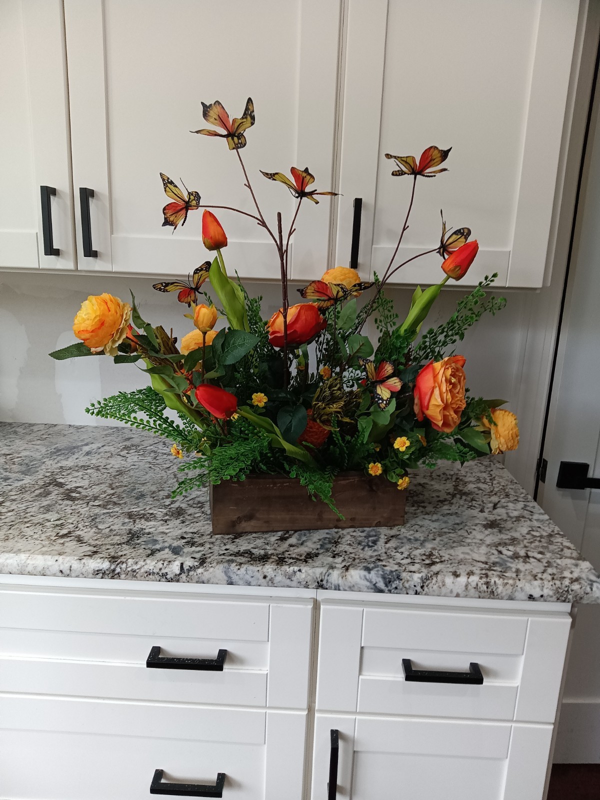 spring, floral arrangements, wooden box tulips roses, butterflies, decor