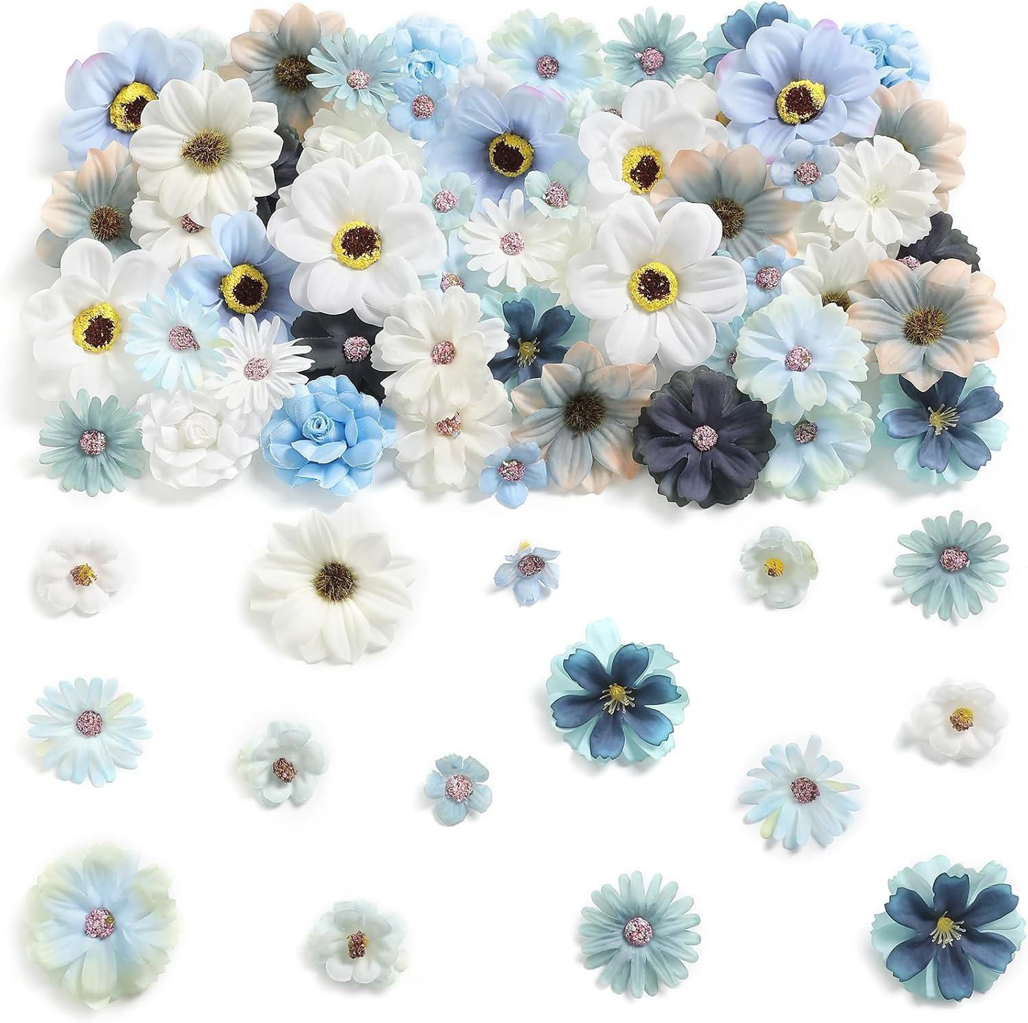 90 Pcs Mini Artificial Silk Flower Heads – Blue Peony, Daisy, Rose Floral App…