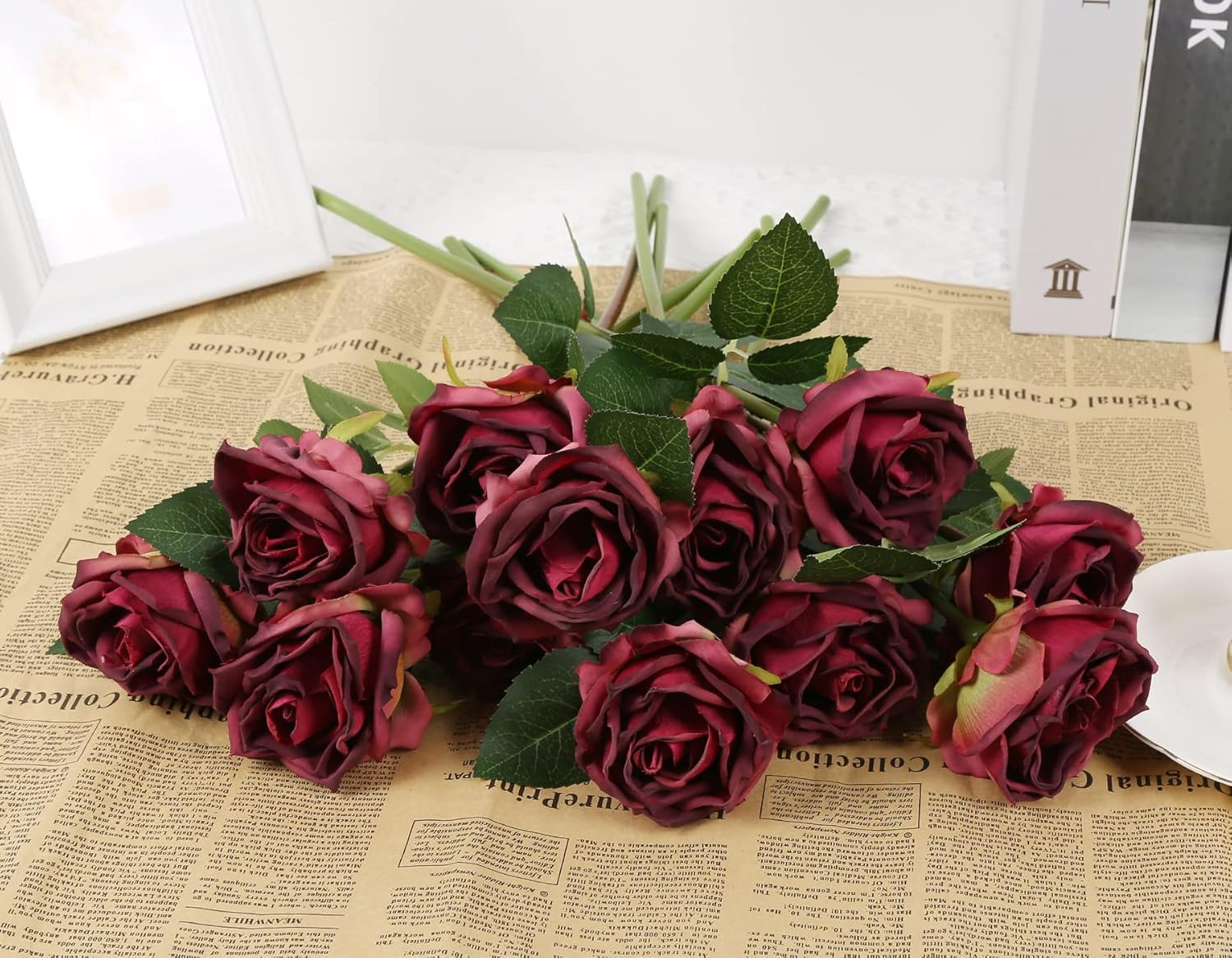 Burgundy Roses Artificial Flowers 12PCS Roses Flowers Heads Dried Silk Flowers B