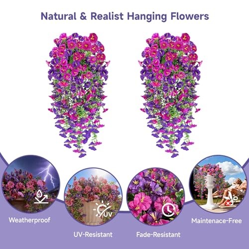 Artificial Hanging Flowers for Outdoors PCS 300 Blooms 2 Fuchsia & Lightpurple