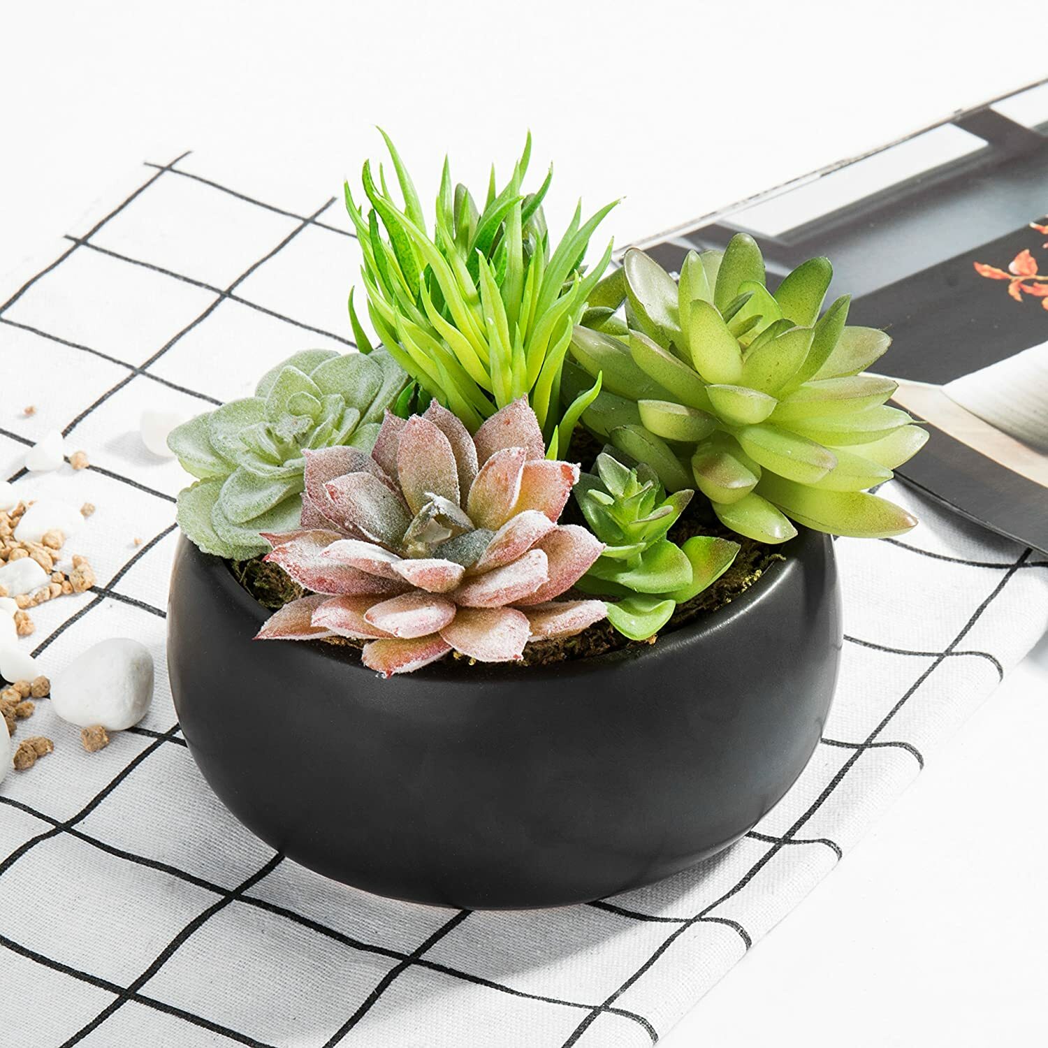 Mini Artificial Succulent Arrangement in Black Ceramic Planter Bowl Assortment 3