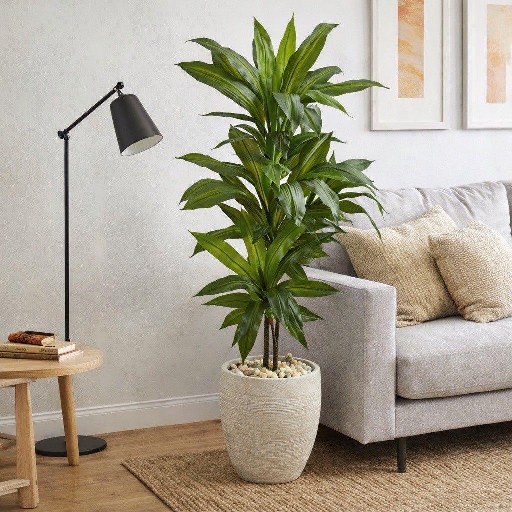 4′ Artificial Dracaena Plant in Sand Colored Planter (Real Touch)