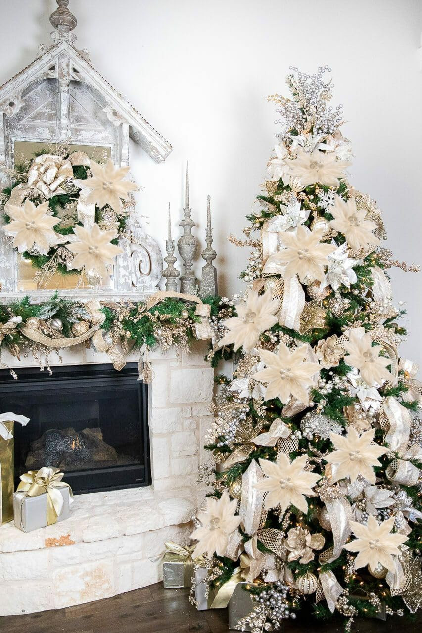4PCS Creamy White Poinsettia Artificial Flowers for Christmas Decor