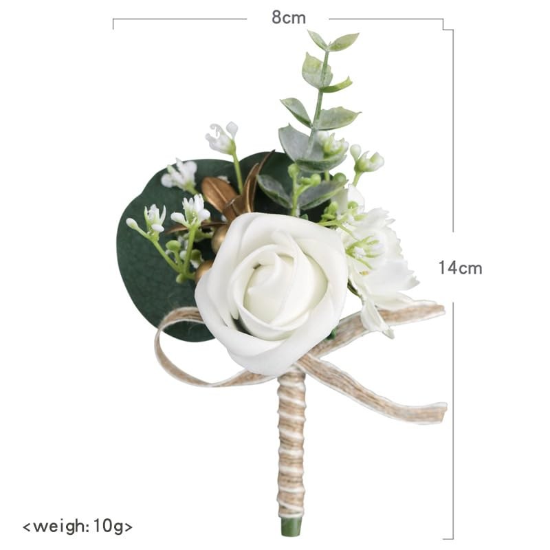 4 PCS Artificial Mens Rose Boutonniere Bridal White Corsage Wedding Prom 8x14cm