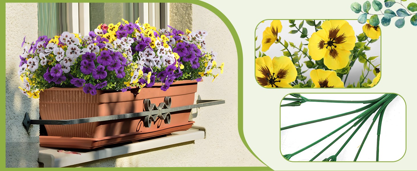 18 Pcs Artificial Fake Pansy Flowers for Outdoor, Faux Silk Pansies Spring