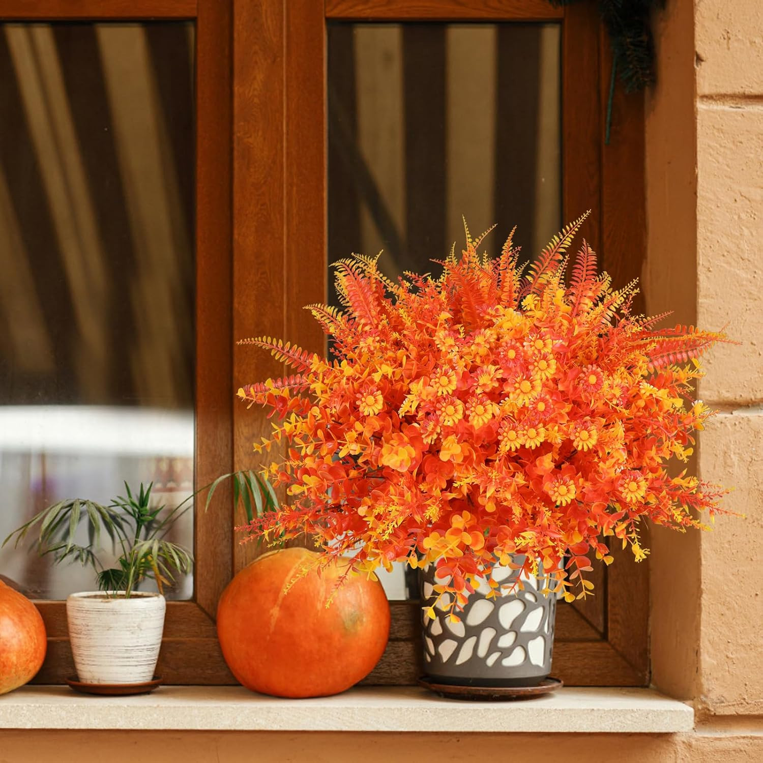 16 Bundles of Orange Artificial Fall Flowers for Outdoor Autumn Decor