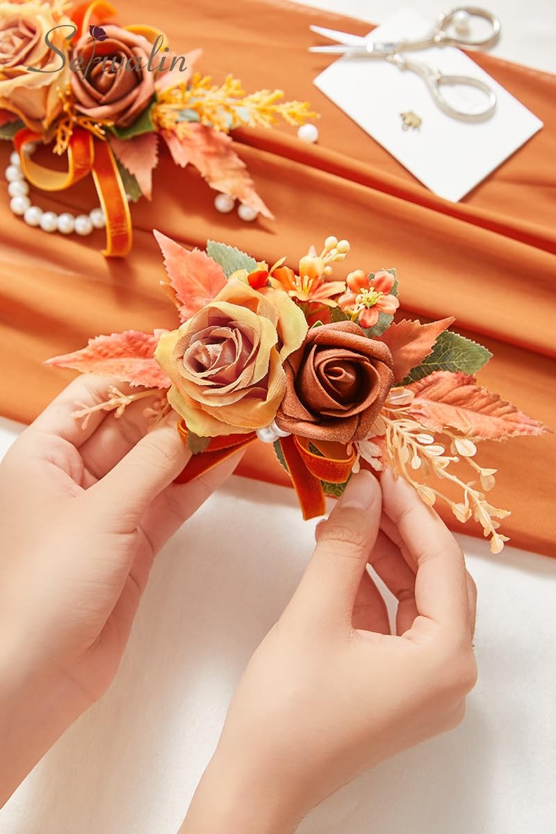 2 PCS Orange 6-7 Inch Wrist Corsage Boutonniere Set Wedding Prom Ceremony