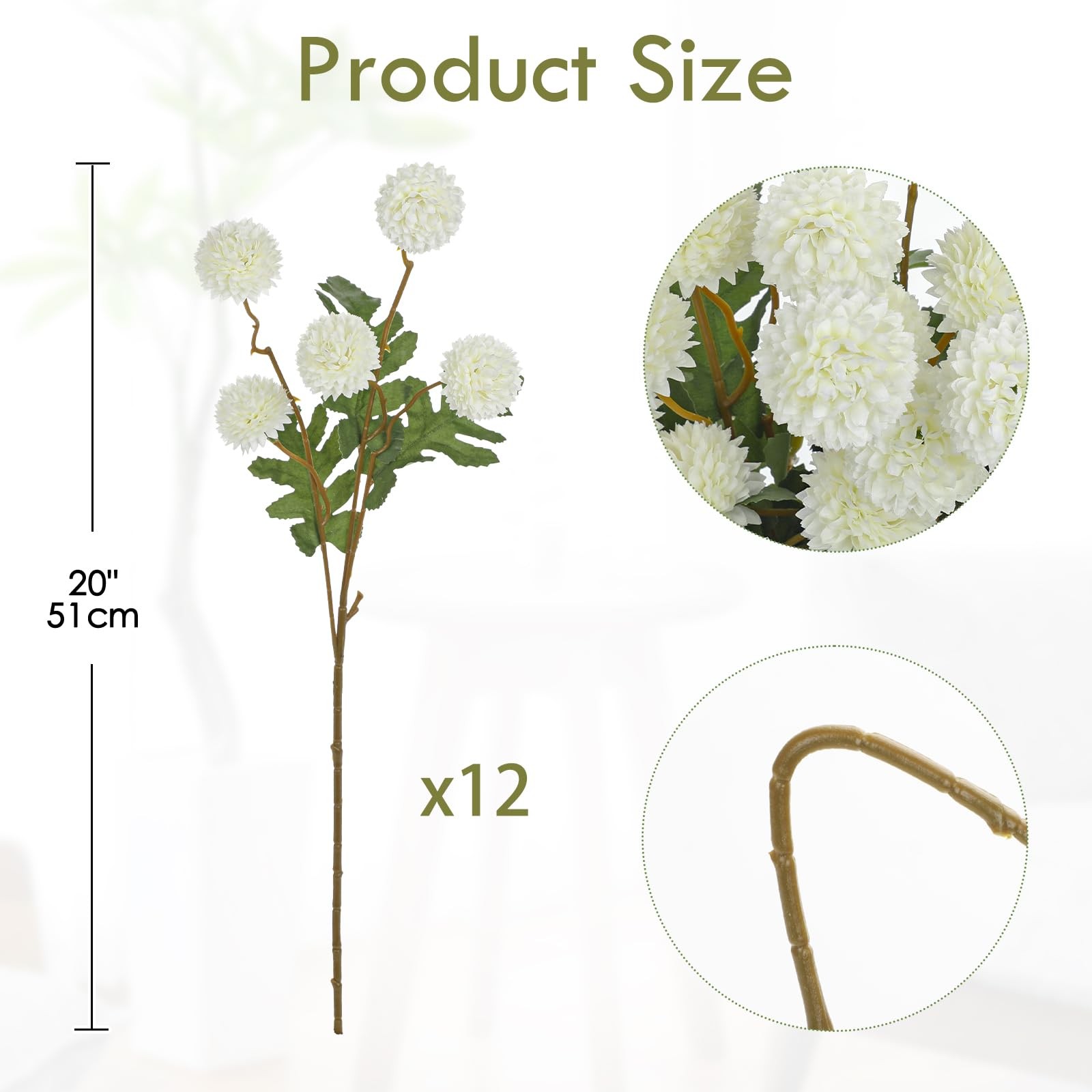 12pcs Artificial Kiku Mums Flowers, Fall White Faux Chrysanthemums