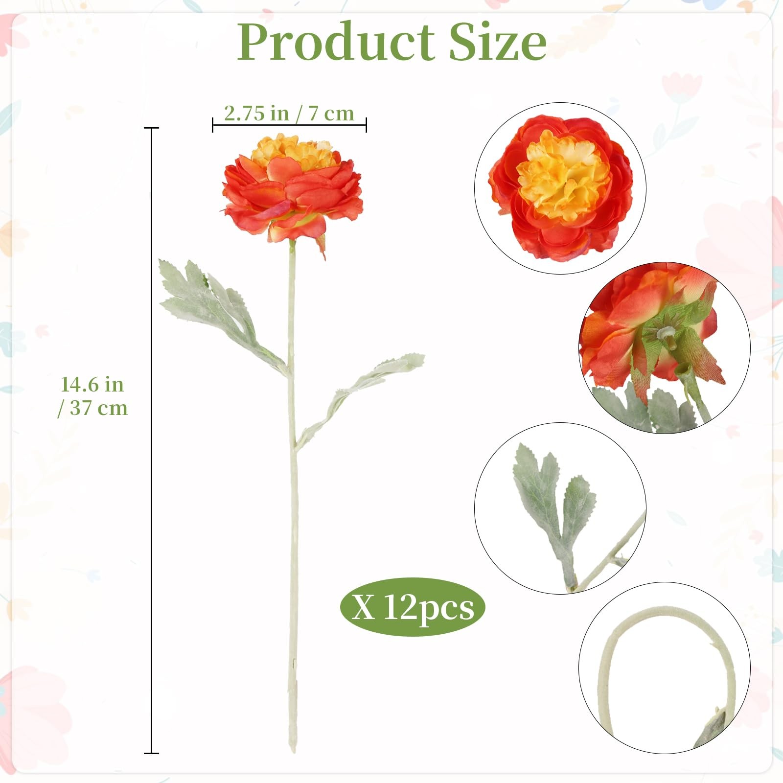 12 PCS Artificial Peonies Orange Silk Ranunculus Fake Flowers 14.6″ Wedding