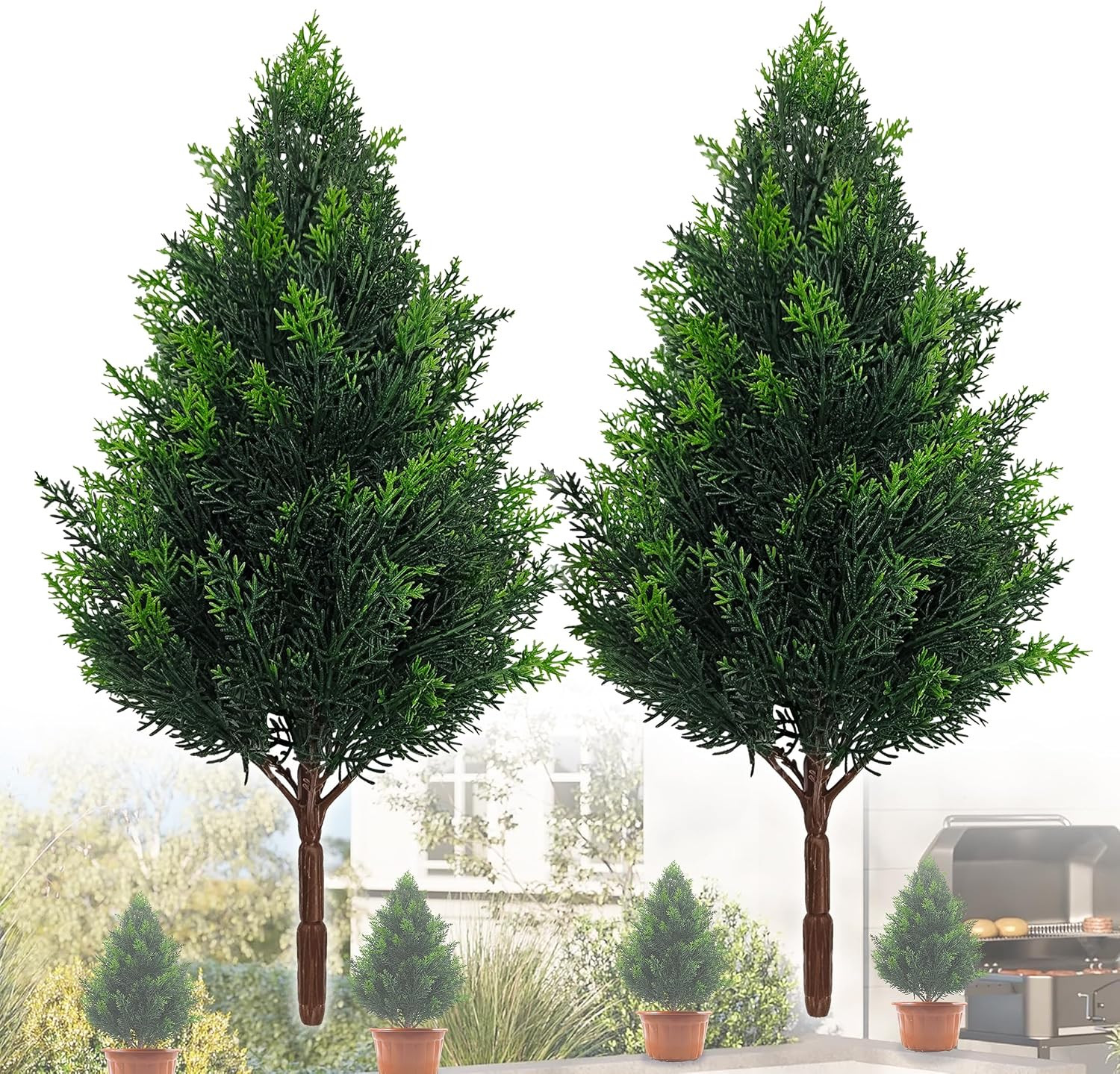 20 Inch (2 Pack), Artificial Cedar Topiary Plants, UV Resistant | Faux Pine Stem
