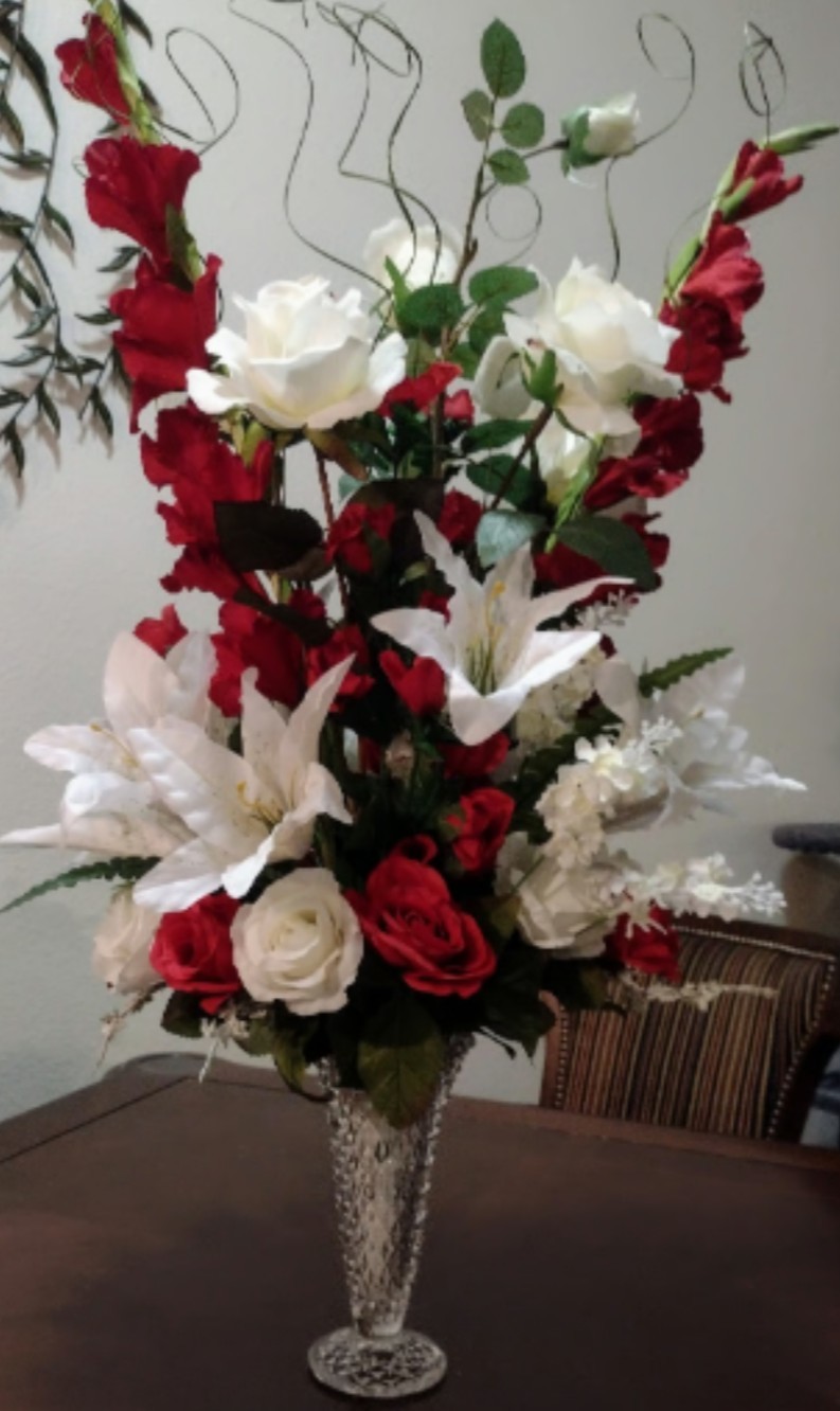 “Red Carpet” 28″ Red & White Silk Flower Arrangement in Crystal Vase
