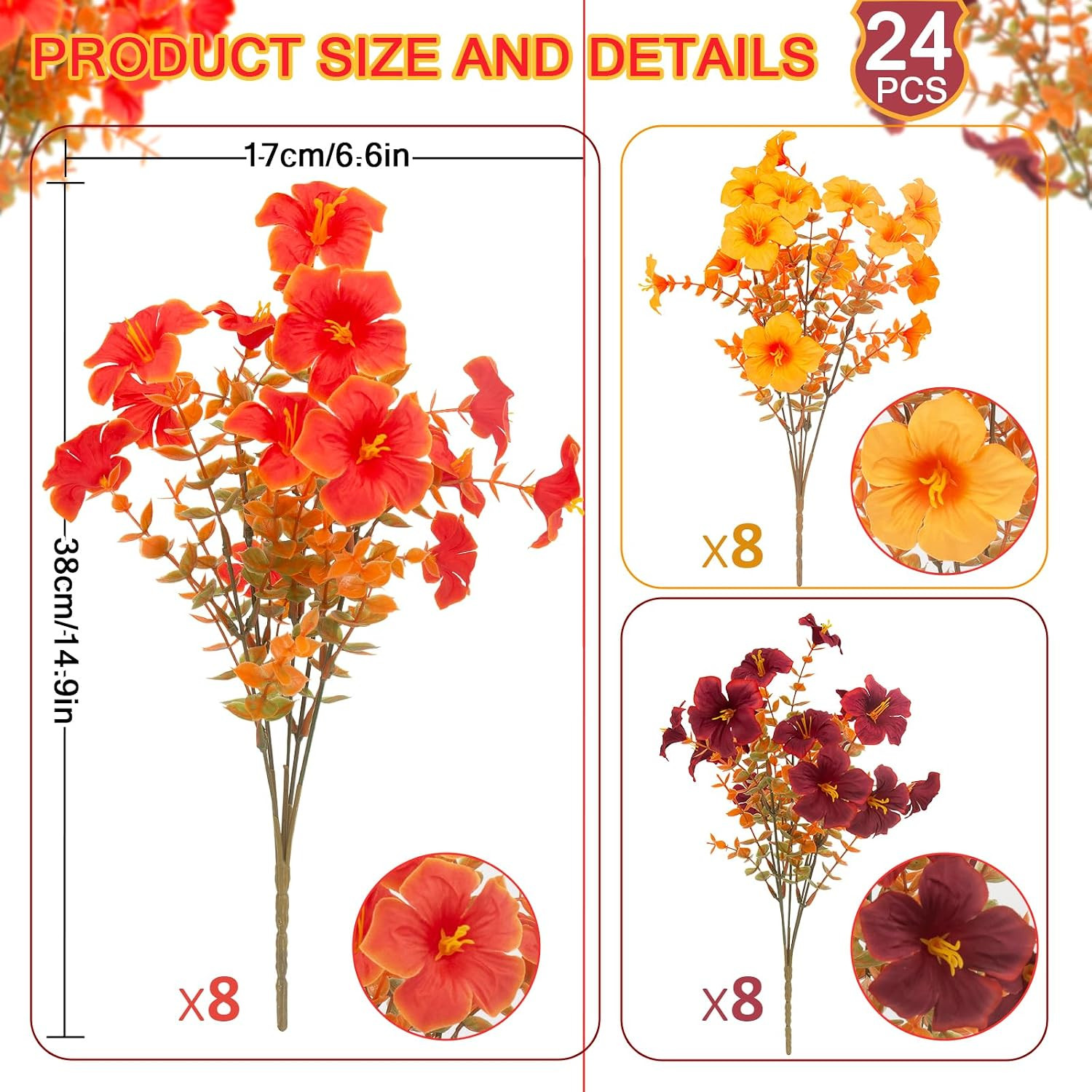 2 Set Artificial Outdoor Fall Flowers with Hanging Baskets, 24 Pcs Faux Petunias
