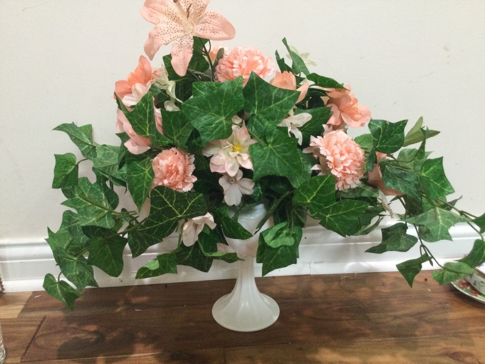 Flower Arrangement pink lily daisy 2.5′ Indiana Milk Glass Quilted Duet Pedestal