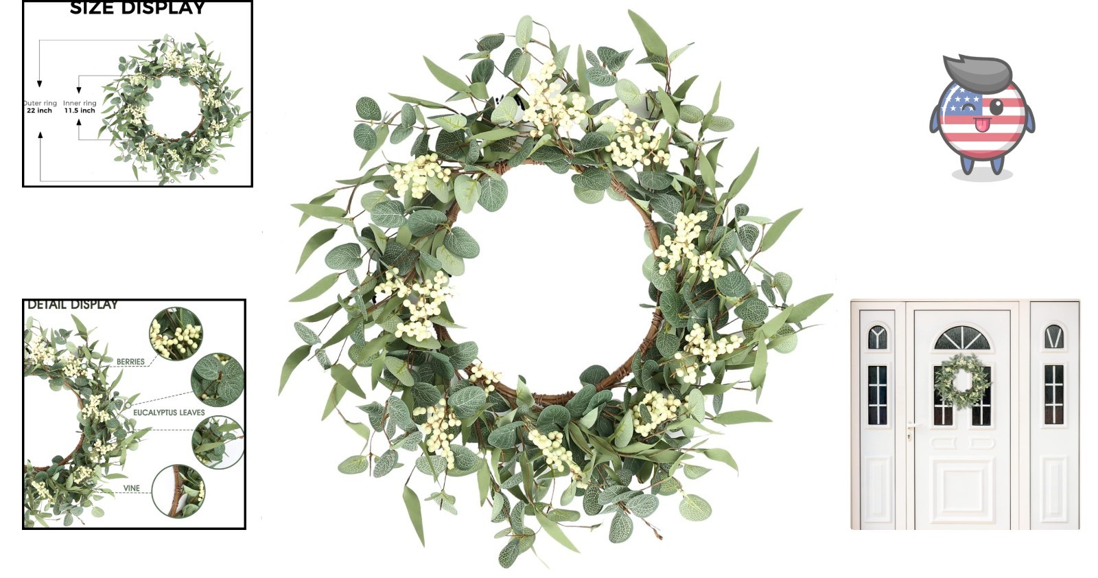 Elegant 22-Inch Artificial Eucalyptus Wreath with White Berries – All Seasons