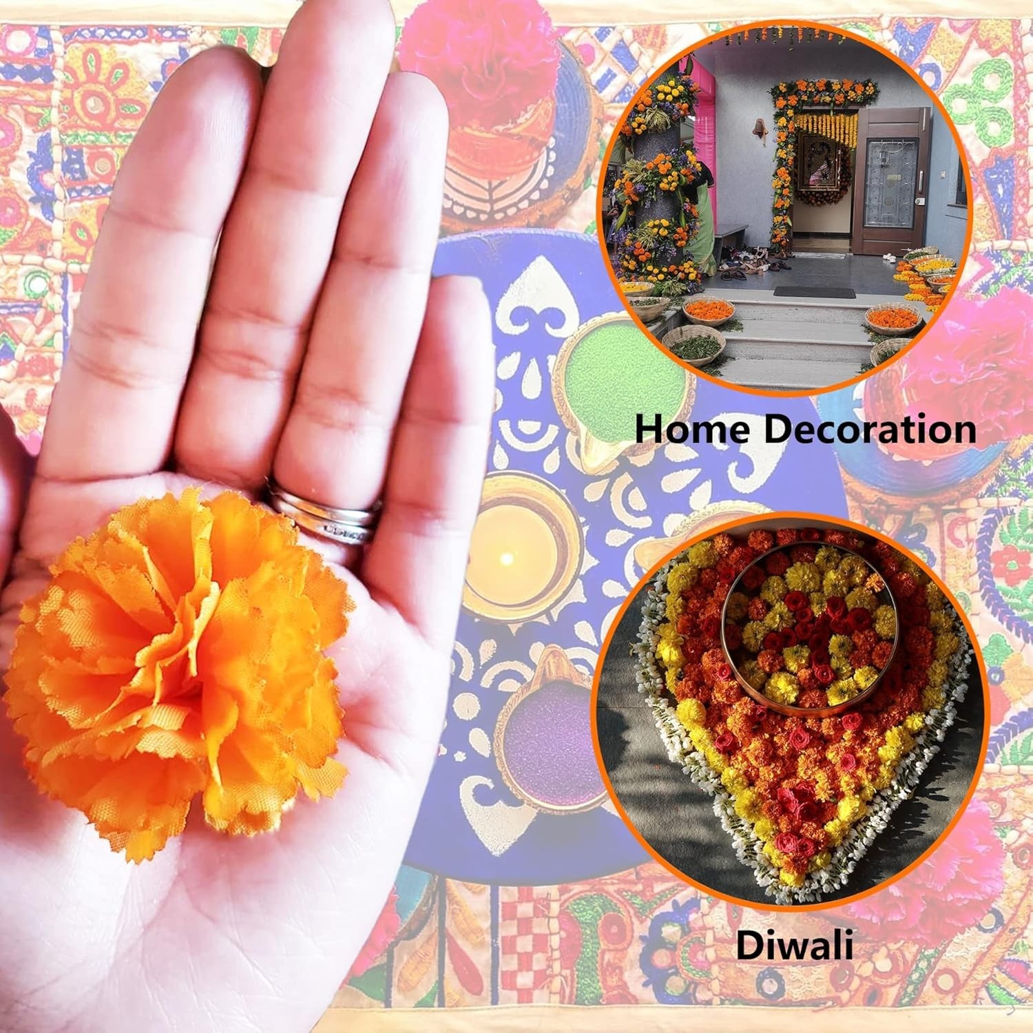 Decorative Silk Marigold Flowers for Diwali, Halloween, and Celebrations
