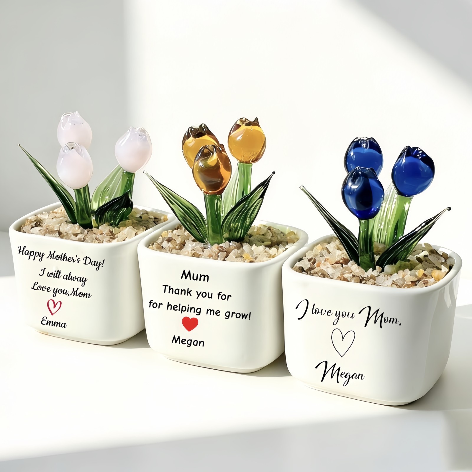 Custom Glass Tulip Flower Pot Personalized Gift for Mom Birthday Decor