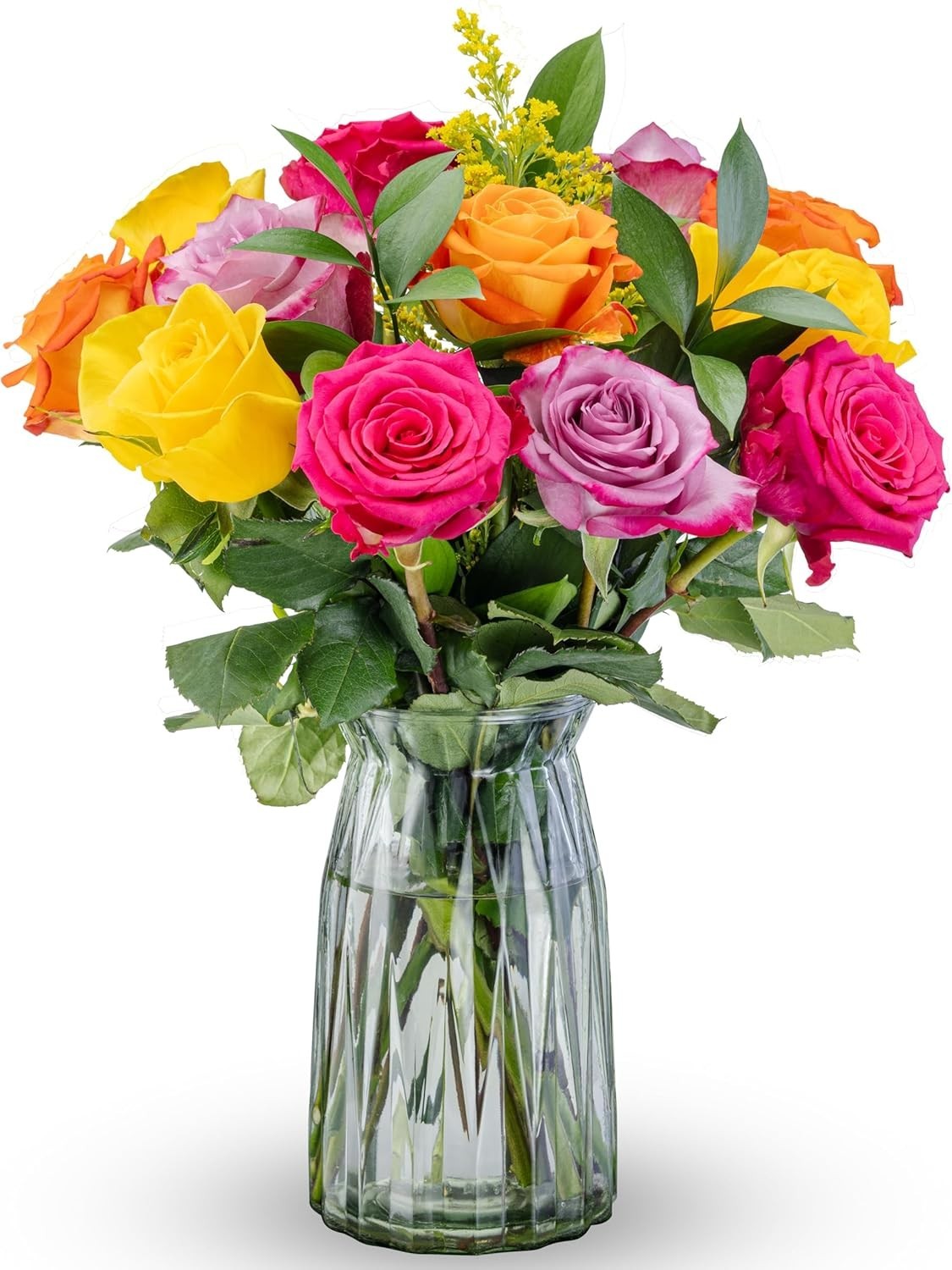 12 Long Stemmed Rainbow Roses with Glass Vase for Birthday Anniversary Gift