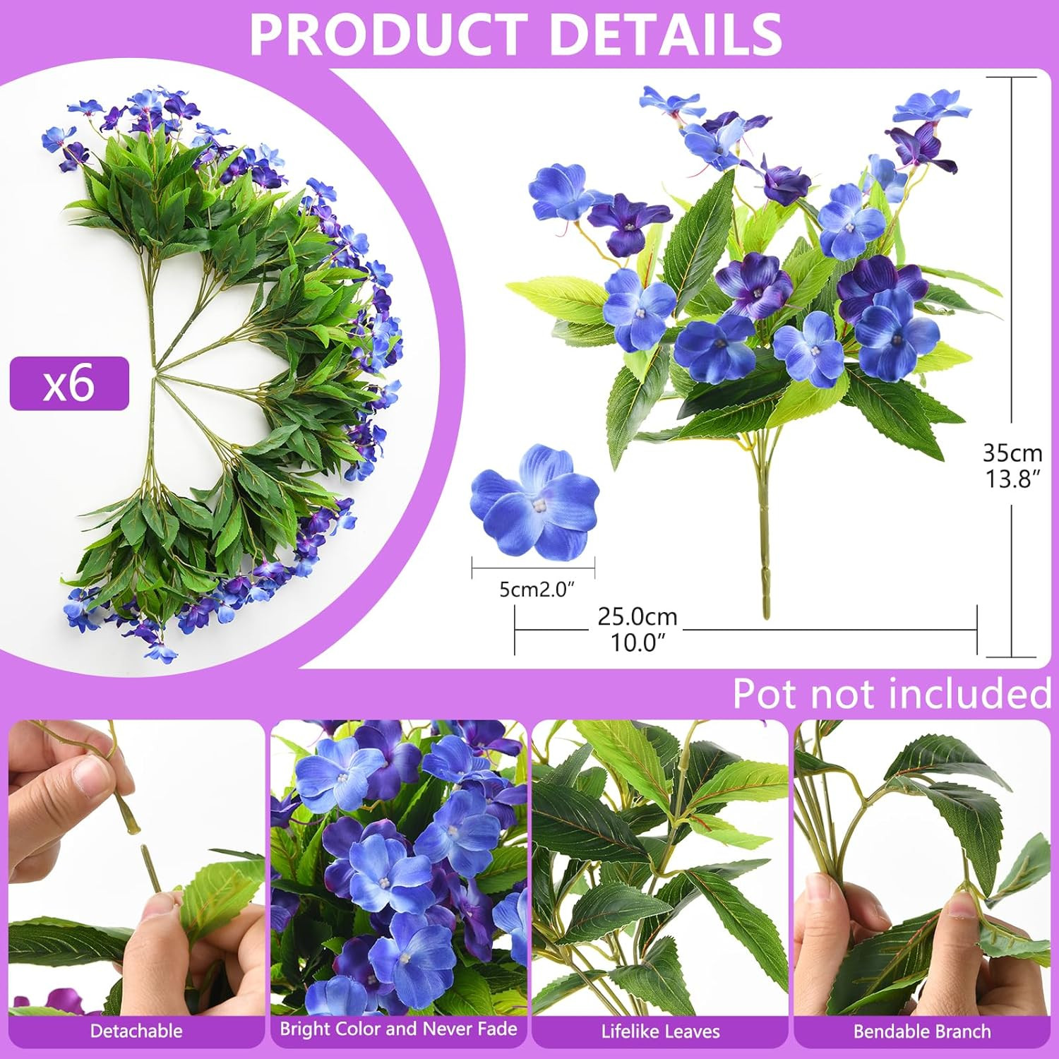 Artificial Impatiens Flowers for Outdoors, 6 Bundles Silk Fake Flowers for Sprin
