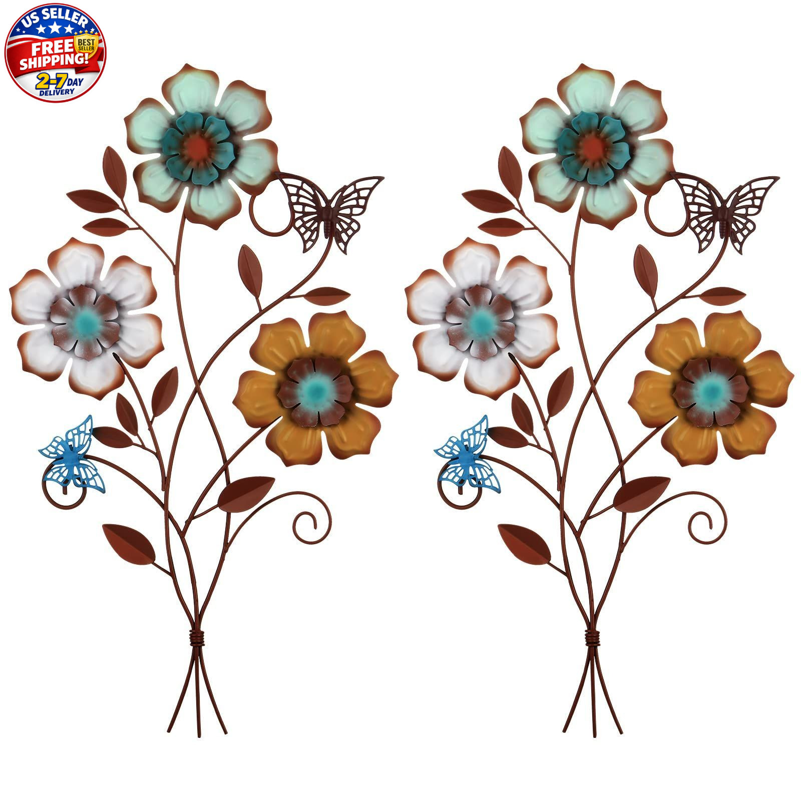Tricolor Flower Wall Decor Vintage Metal Wall Art Decor Rustic Hanging Flowers D