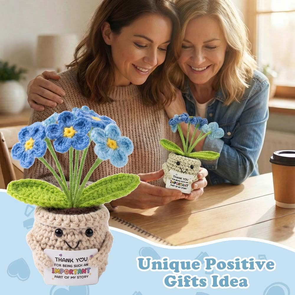 Crochet Positive Flowers Potted Plants, Fake Forget Me Not Flowers Doll for Frie