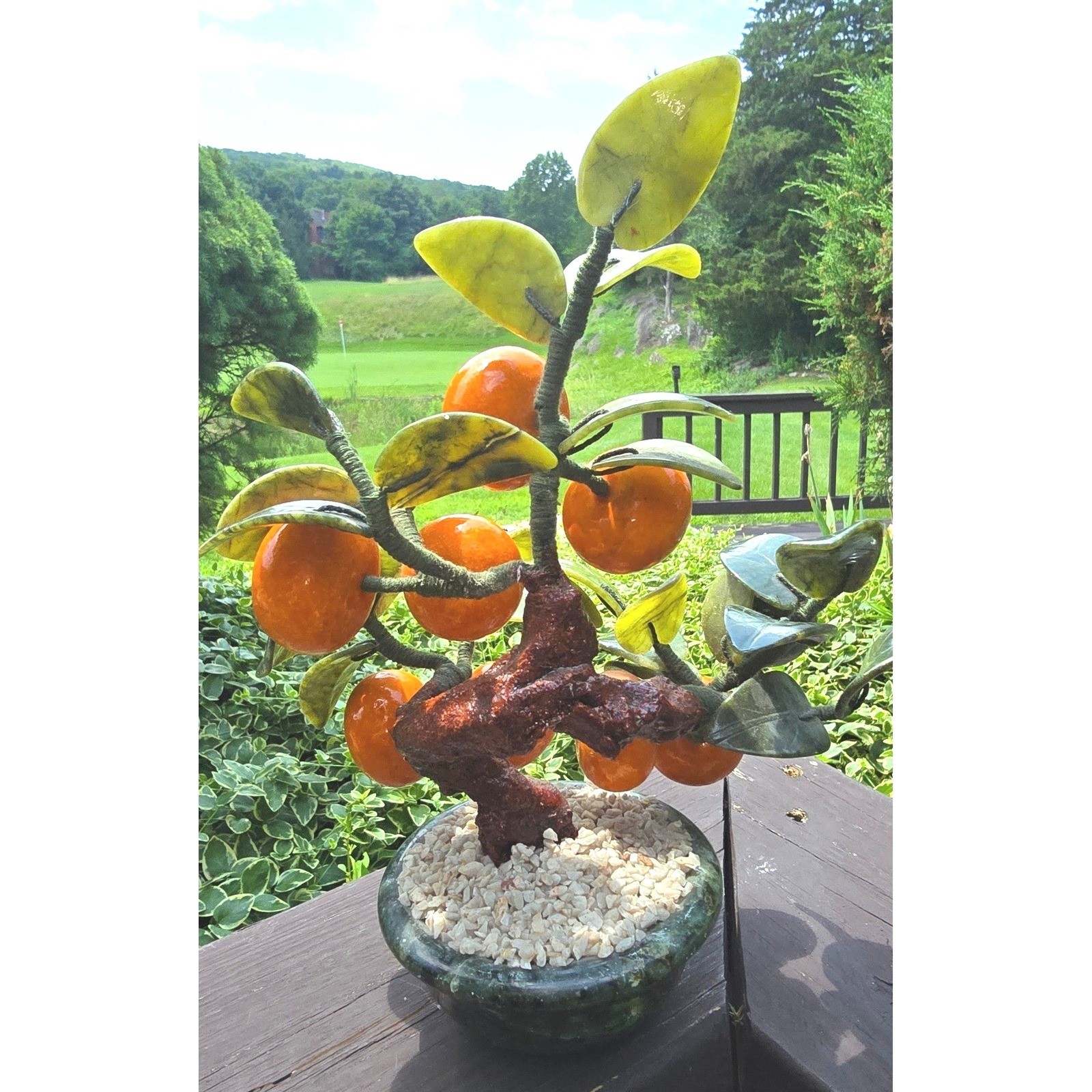 Vintage Chinese Glass Jade Agate Orange Persimmon Bonsai Tree Carved Pot