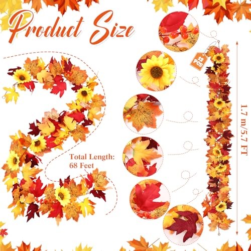 12 Pack 68ft Fall Garland with Sunflowers, Maple Leaves & Berries Orange Mixed