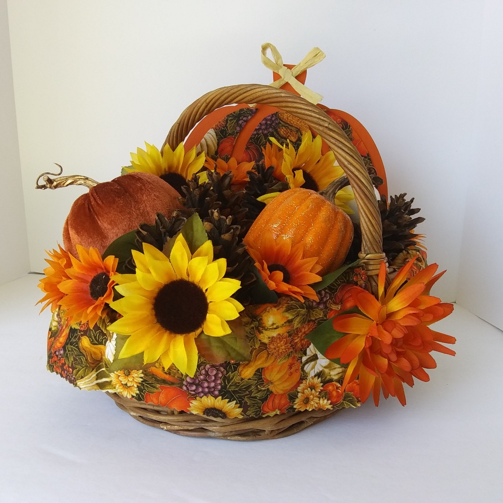 Fall Harvest Basket Centerpiece Sunflowers Pumpkins Pinecones Autumn Décor