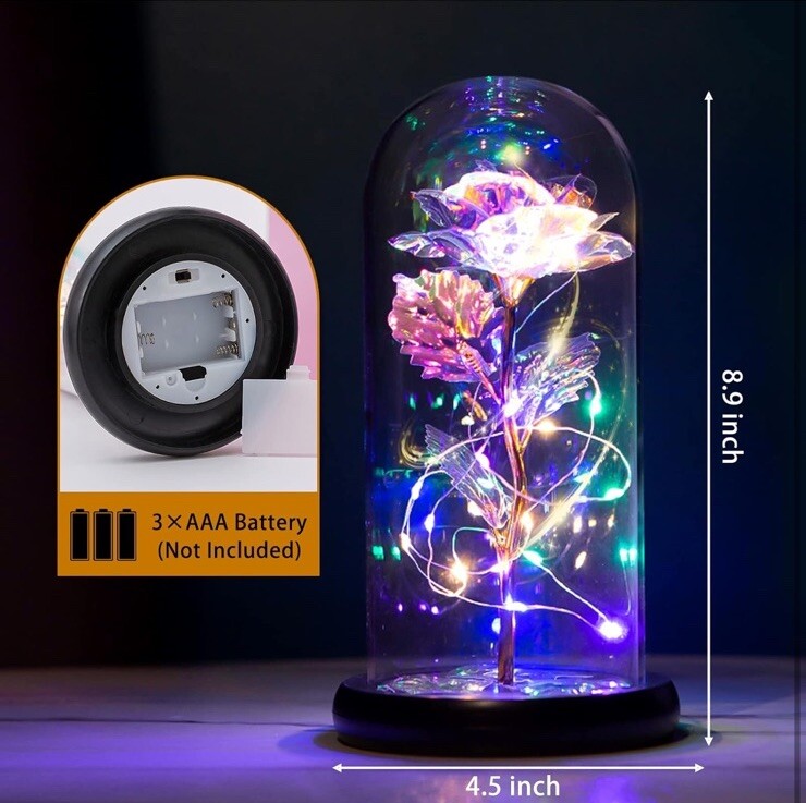 Valentines Gift For Her w/Greeting Card, Colorful Light Up Rose in A Glass Dome
