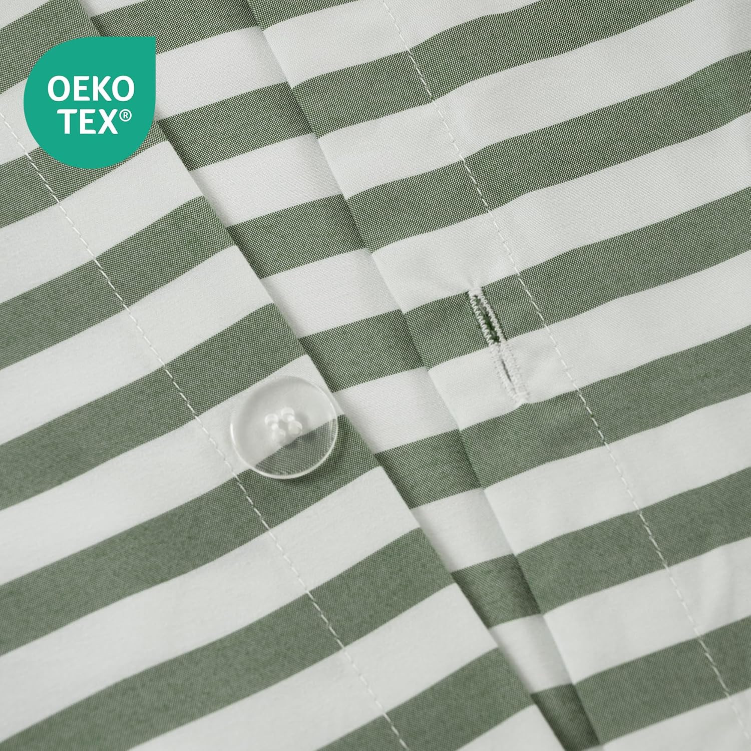Soft Green Striped Queen Duvet Cover Set with Button Closure & Pillow Cases