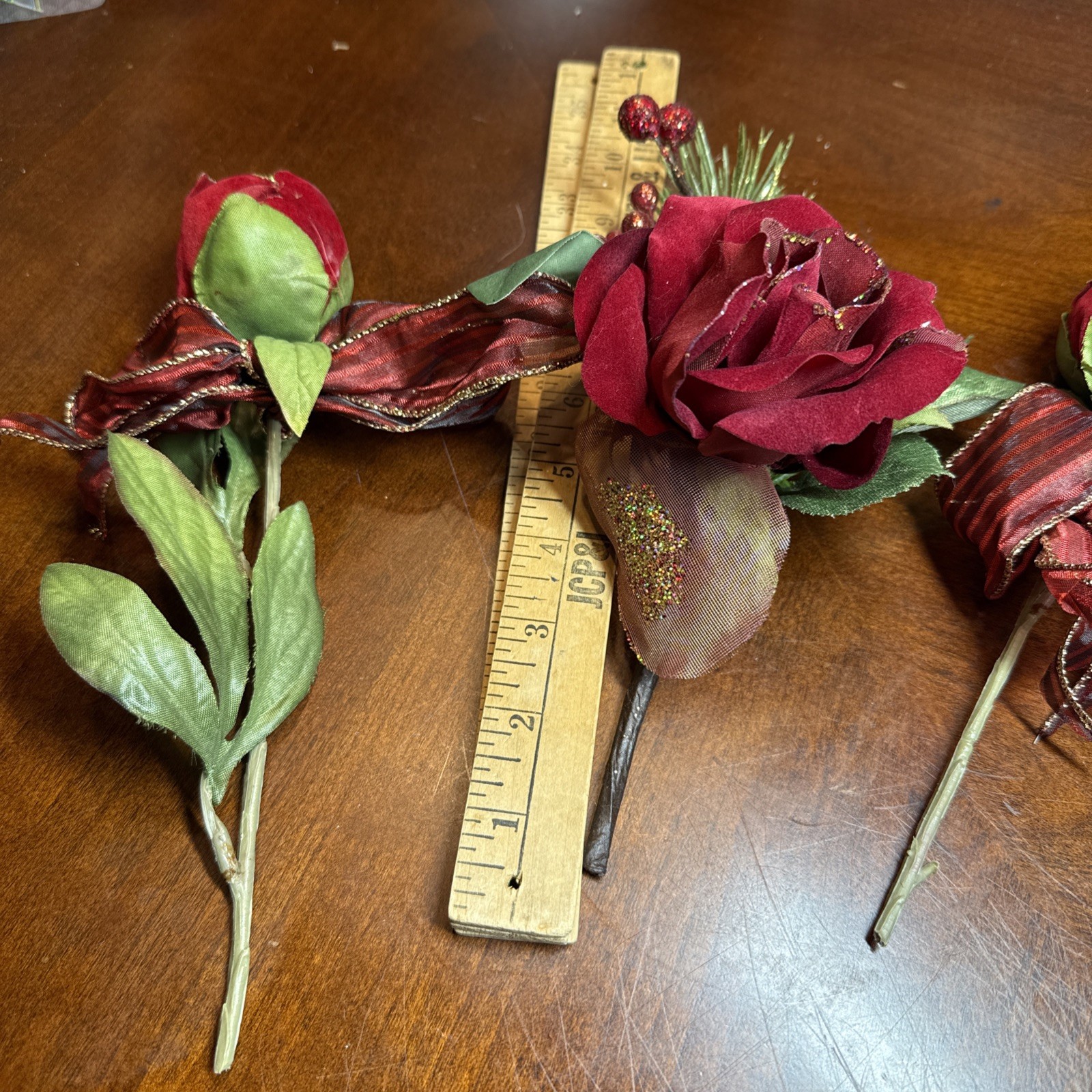 3 Pcs Faux Velvet Rose Flowers W/ Bows Christmas Pier One VTG Home Decorating